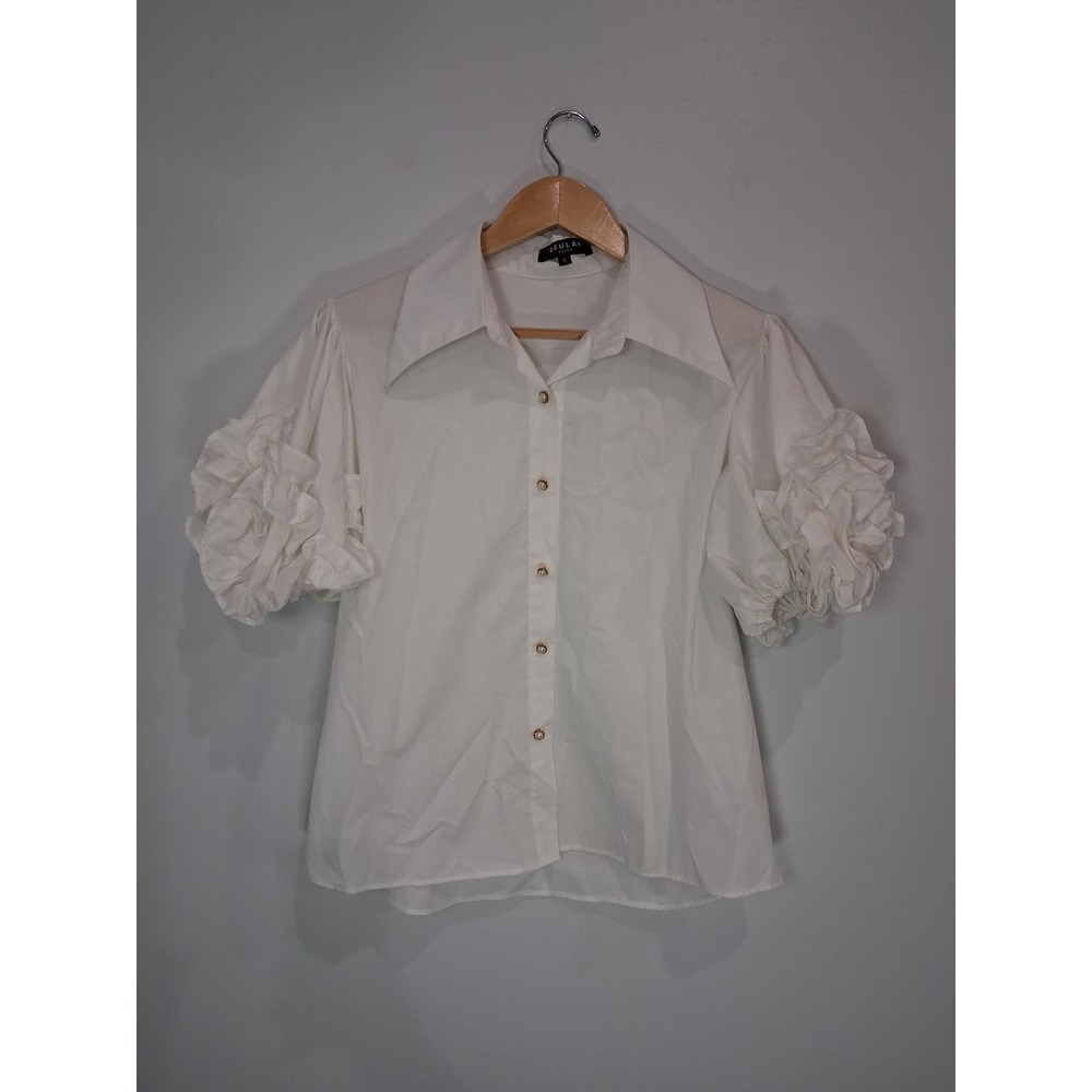 Beulah Style White Ruffle Puff Sleeve Button Down Shirt Gold Buttons KC2253 S